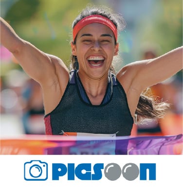 Runner checking race photos on a phone, next to the PICSOON logo
