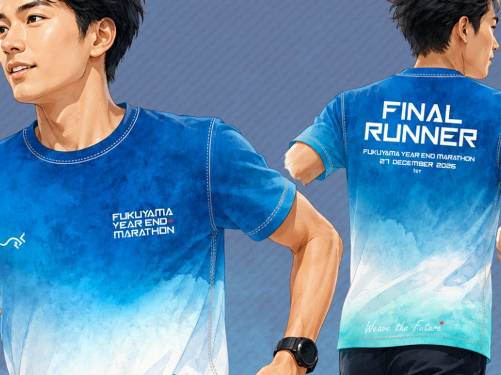 Official Fukuyama Year End Marathon race T-shirt in a denim-to-sea colour gradient